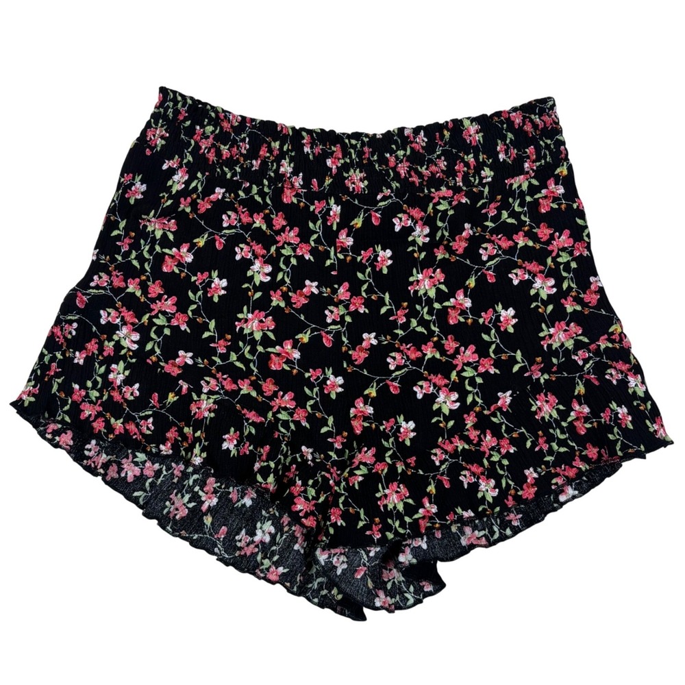 La Miel Womens Black Pink Floral Smocked Ruffle Shorts Lettuce Hem Small JAP4182
